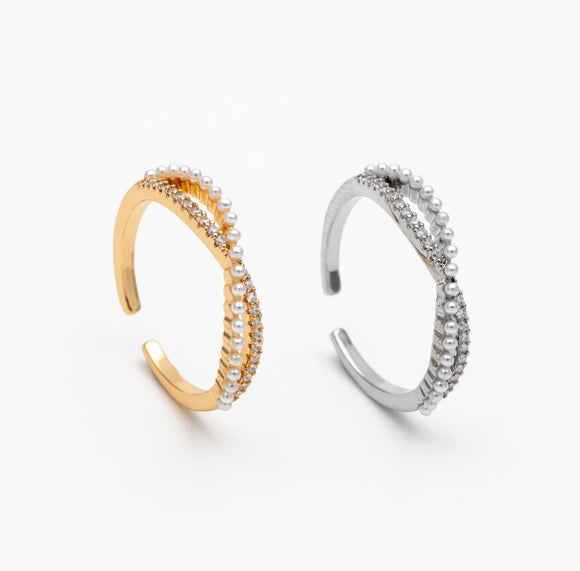 Pave & Pearl X Adjustable Gold/Silver Ring