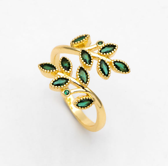 Emerald Leaf Adjustable Gold Ring